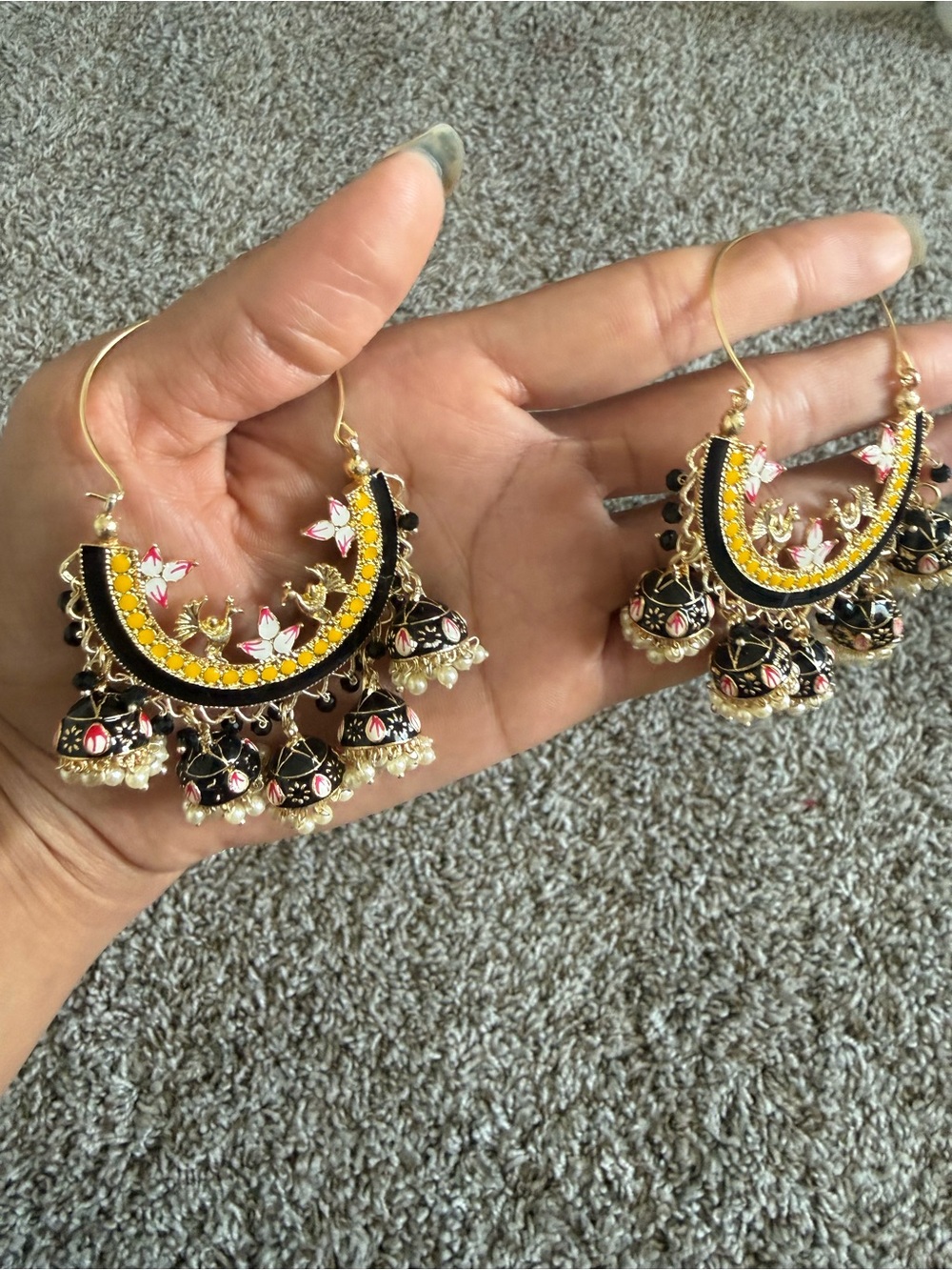 Ethnic Indian Wear Black & Yellow Enamel Jhumka Earrings